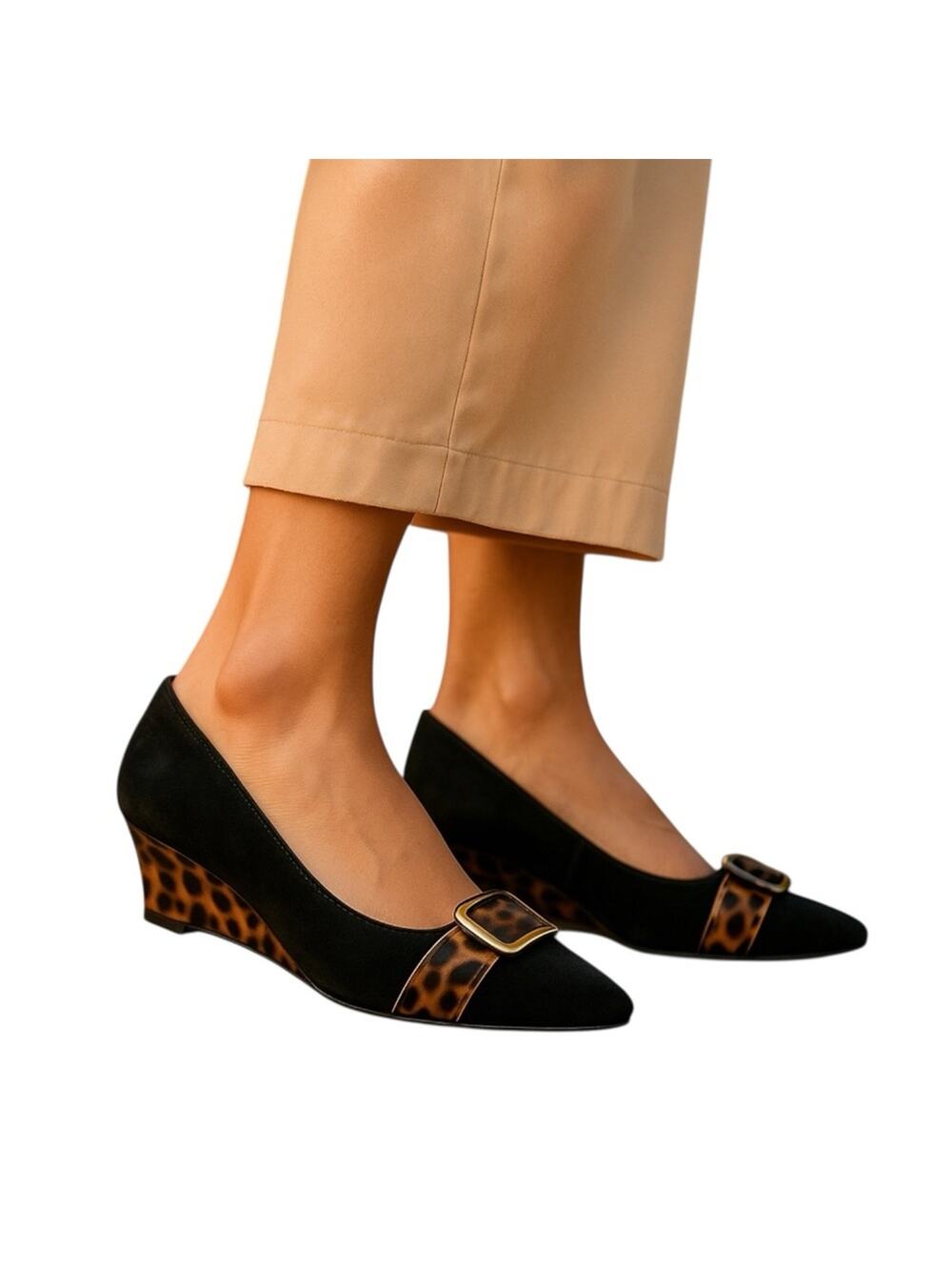 Joan & David Luxe Y2K Peep Toe Wedge Heels Black Suede Leopard Print 8.5 NWOT